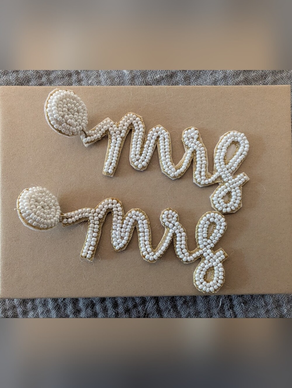Beaded Bridal 'Mrs' Script Earrings in Pearl and Gold